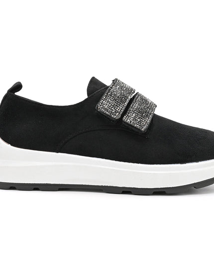 Pantofi casual de dama din piele ecologica intoarsa, cu scai, P1233 - Negru cu Alb