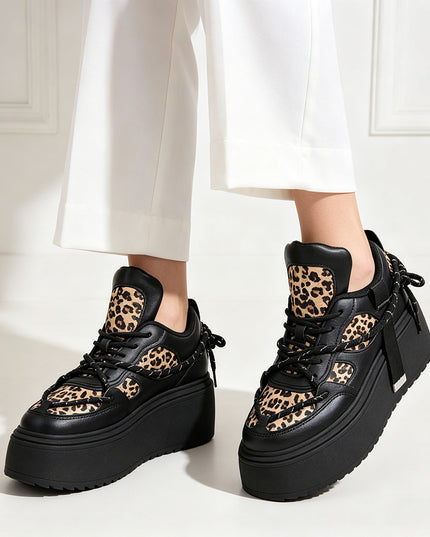Pantofi Sport De Dama cu Platforma, din piele ecologica, D1413 - Negru cu Leopard