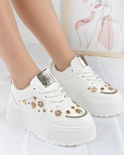 Pantofi Sport De Dama din Piele Ecologica, cu Platforma, D1496 - Alb