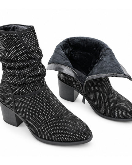 Botine de damă ,cu strasuri și toc gros,BD1021,Negre