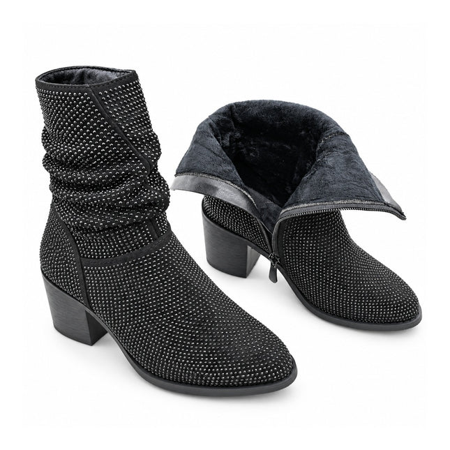 Botine de dama,cu strasuri și toc gros,BD1021,Negre