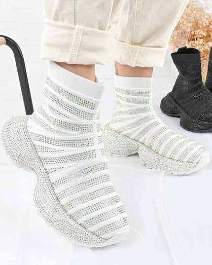 Pantofi Sport Inalti De Dama cu model sosete, D1461 - Alb