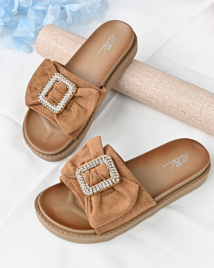 Papuci Casual De Dama din piele intoarsa ecologica, PD1091 - Maro