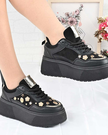Pantofi Sport De Dama din Piele Ecologica, cu Platforma, D1496 - Negru