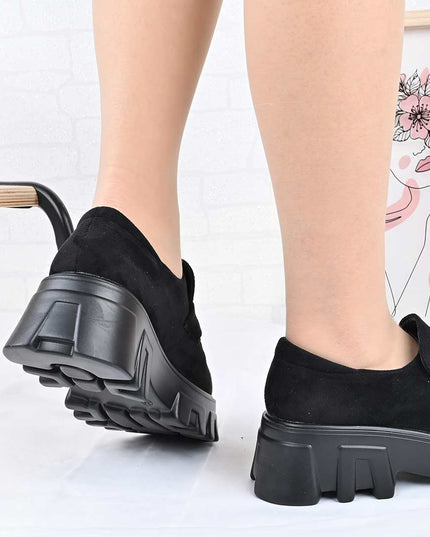 Pantofi casual de dama cu platforma, din piele ecologica intoarsa, P1303 - Negru