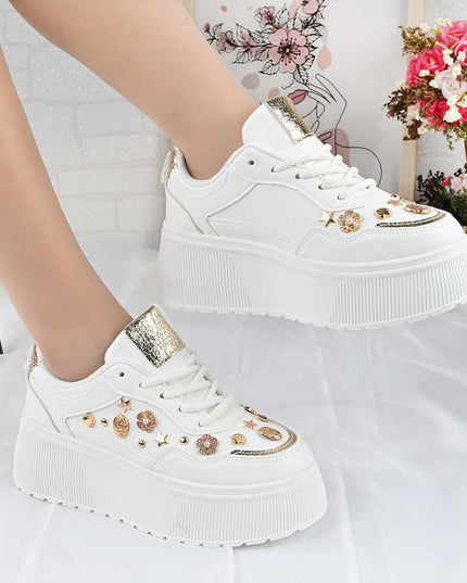 Pantofi Sport De Dama din Piele Ecologica, cu Platforma, D1496 - Alb