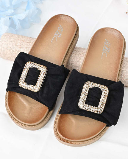 Papuci Casual De Dama din piele intoarsa ecologica, PD1091 - Negru