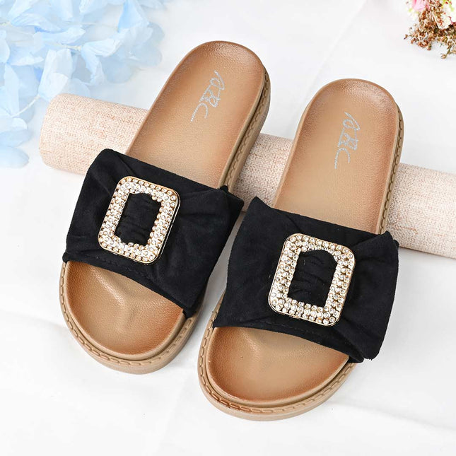 Papuci Casual De Dama din piele intoarsa ecologica, PD1091 - Negru