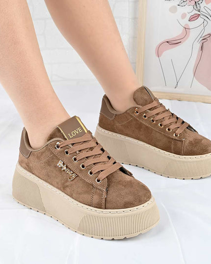 Pantofi Sport De Dama din Piele Ecologica, cu Platforma, D1449 - Maro