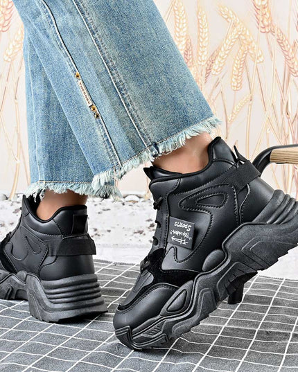 Pantofi sport inalti de dama , Cu platforma, Piele ecologica ,1288,Negru,
