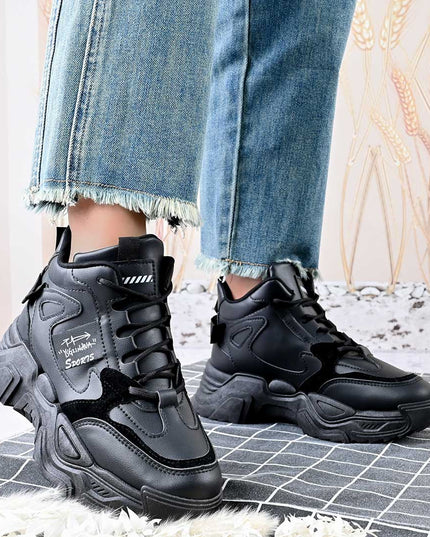 Pantofi sport inalti de dama , Cu platforma, Piele ecologica ,1288,Negru,