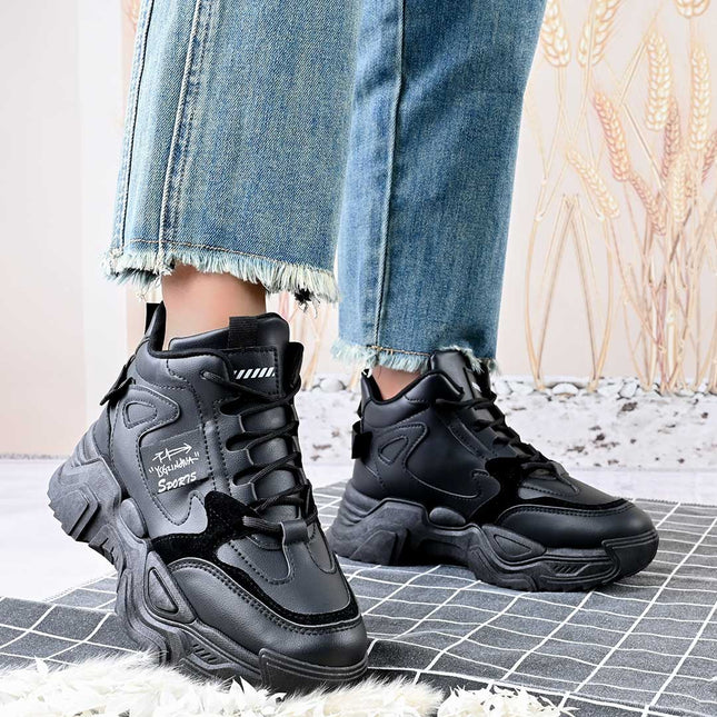 Pantofi sport inalti de dama , Cu platforma, Piele ecologica ,1288,Negru,