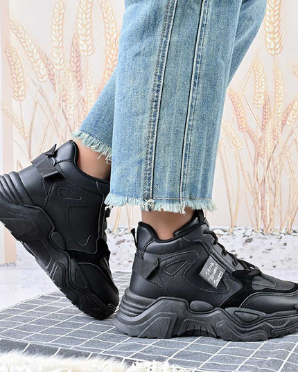 Pantofi sport inalti de dama , Cu platforma, Piele ecologica ,1288,Negru,