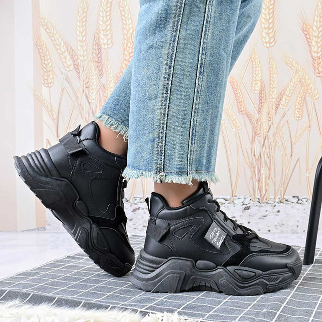 Pantofi sport inalti de dama , Cu platforma, Piele ecologica ,1288,Negru,