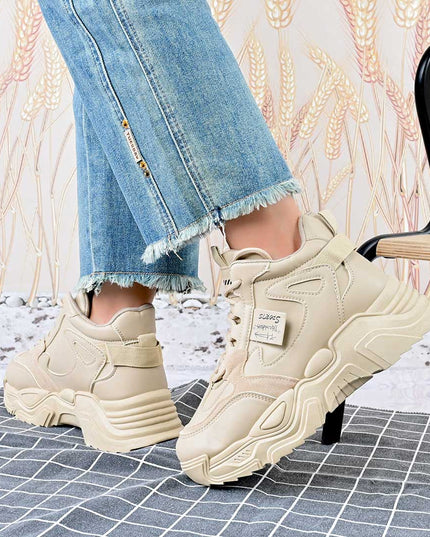 Pantofi sport inalti de dama , Cu platforma, Piele ecologica ,1288,Kaki,