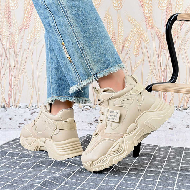 Pantofi sport inalti de dama , Cu platforma, Piele ecologica ,1288,Kaki,