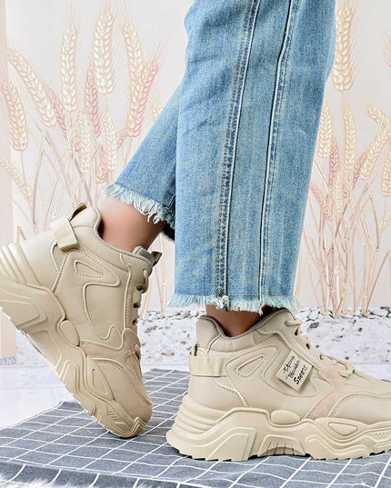 Pantofi sport inalti de dama , Cu platforma, Piele ecologica ,1288,Kaki,