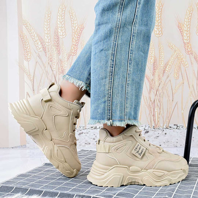 Pantofi sport inalti de dama , Cu platforma, Piele ecologica ,1288,Kaki,