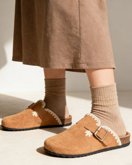 Papuci Casual De Dama din piele intoarsa ecologica, SA49 - Camel