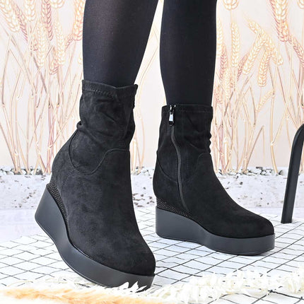 Botine de dama din piele ecologica Cu platforma, interior imblanit, BD1017 - Negre