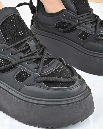 Pantofi Sport De Dama din Piele ecologica cu Strasui, D1500 - Negru