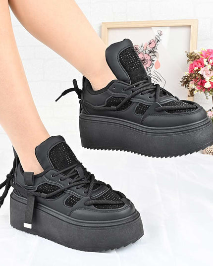 Pantofi Sport De Dama din Piele ecologica cu Strasui, D1500 - Negru