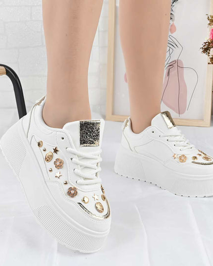 Pantofi Sport De Dama din Piele Ecologica, cu Platforma, D1496 - Alb