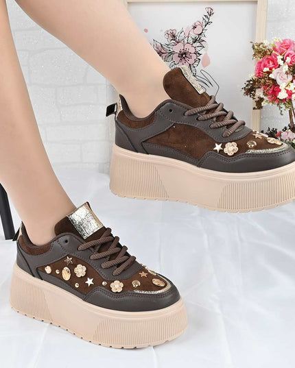 Pantofi Sport De Dama din Piele Ecologica, cu Platforma, D1496 - Maro