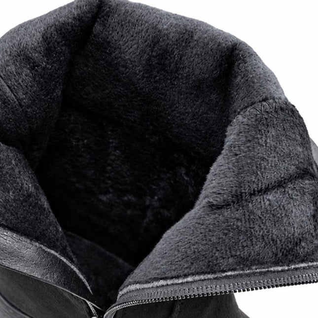 Cizme de dama, din piele ecologică întoarsă, cu carâmb plisat și toc gros, CD1080,Negre