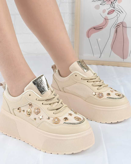Pantofi Sport De Dama din Piele Ecologica, cu Platforma, D1496 - Bej