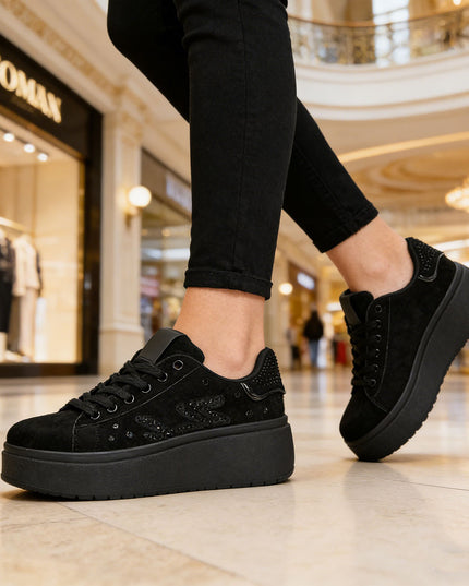 Pantofi Sport De Dama din Piele ecologica intoarsa, D1501 - Negru