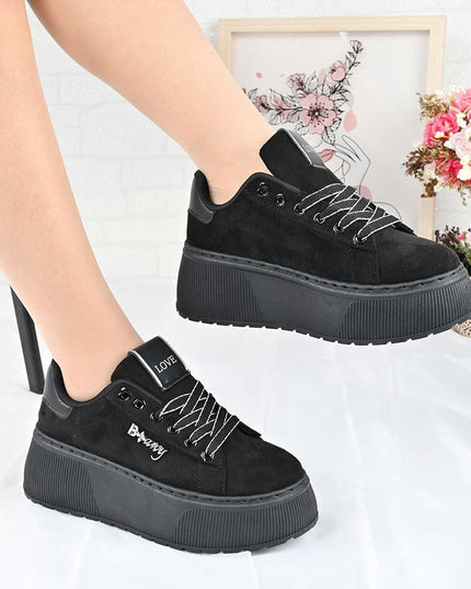 Pantofi Sport De Dama din Piele Ecologica, cu Platforma, D1449 - Negru