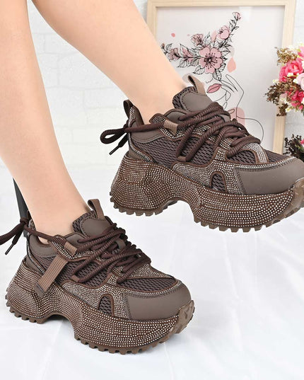 Pantofi Sport De Dama din Piele ecologica cu Strasui, D1462 - Maro