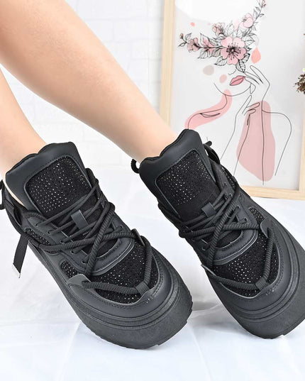 Pantofi Sport De Dama din Piele ecologica cu Strasui, D1500 - Negru