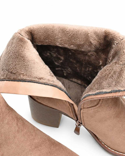 Cizme de dama, din piele ecologică întoarsă, cu carâmb plisat și toc gros, CD1080,Kaki