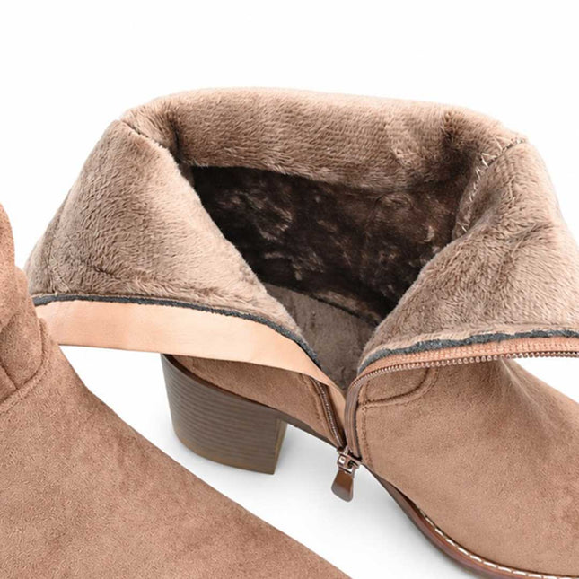 Cizme de dama, din piele ecologică întoarsă, cu carâmb plisat și toc gros, CD1080,Kaki