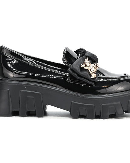 Pantofi casual de dama din piele ecologica lacuita, cu fundita mantarme, P1298 - Negru