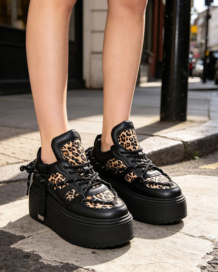 Pantofi Sport De Dama cu Platforma, din piele ecologica, D1413 - Negru cu Leopard