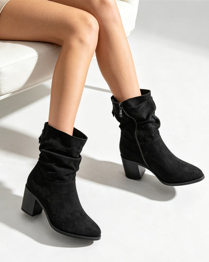 Botine de dama,din piele ecologică întoarsă, cu toc gros, BD1022,Negre