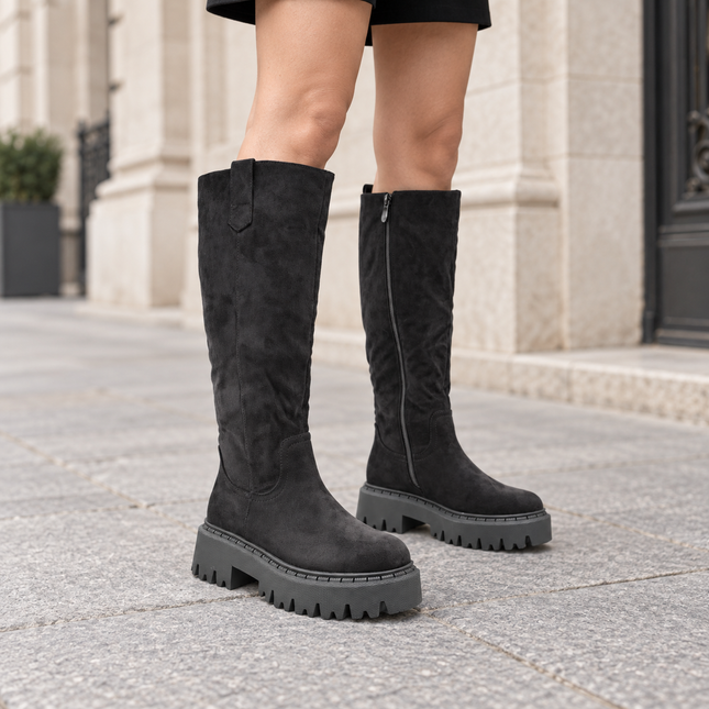 Cizme de dama, Din piele ecologică întoarsă, cu talpă groasă,CD1082,Negre