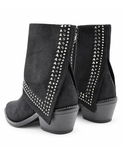 Botine de damă ,Din piele ecologică întoarsă,cu ținte și toc gros,BD1020,Negre