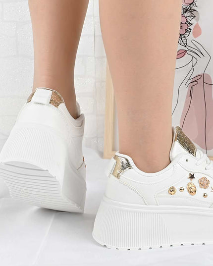 Pantofi Sport De Dama din Piele Ecologica, cu Platforma, D1496 - Alb