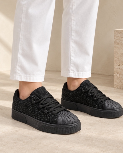 Pantofi Sport De dama,Din piele ecologica intoarsa,Cu Strasuri,D1395,Negru