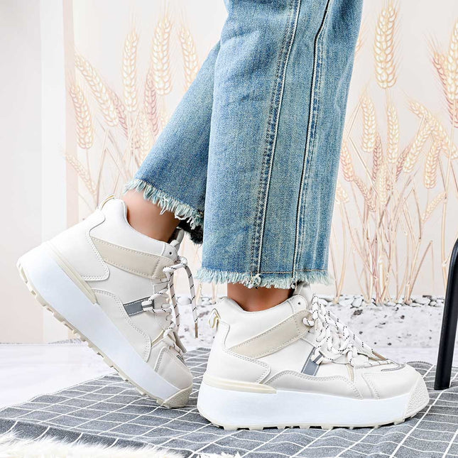 Pantofi sport inalti de dama,D1314,Din Piele ecologica,Bej