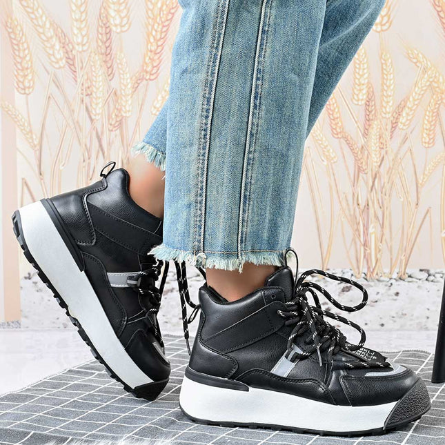 Pantofi sport inalti de dama,D1314,Din Piele ecologica,Negru