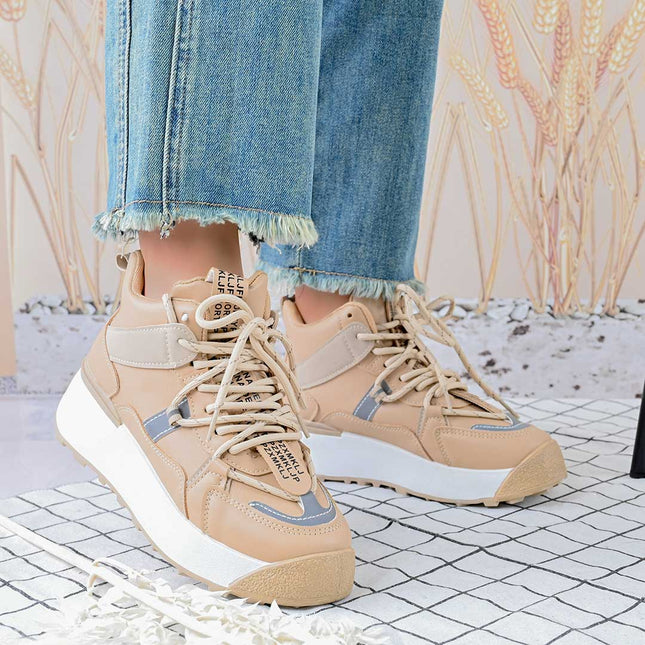 Pantofi sport inalti de dama,D1314,Din Piele ecologica,Kaki