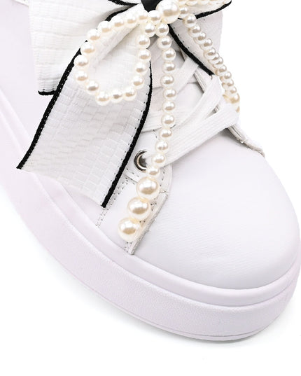 Pantofi Sport De Dama,Din piele Ecologica,Cu Fundita perle,D1367,Alb