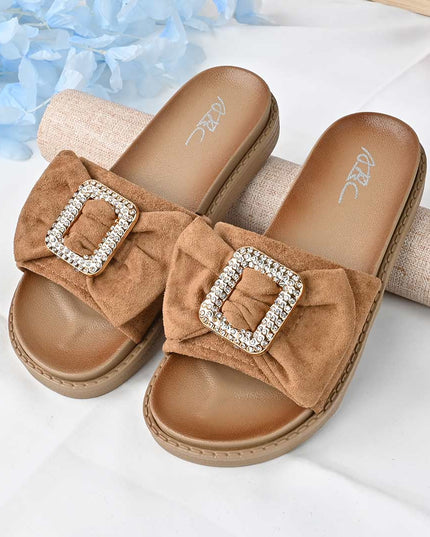 Papuci Casual De Dama din piele intoarsa ecologica, PD1091 - Maro