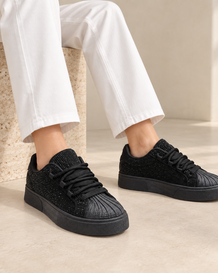 Pantofi Sport De dama,Din piele ecologica intoarsa,Cu Strasuri,D1395,Negru
