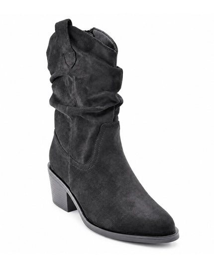 Botine de dama, din piele ecologică întoarsă, cu toc gros, BD1023,Negre